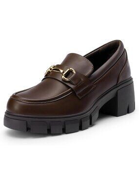 Women's Maroon Patent Chunky Platform Loafers Horsebit Lug Sole Heel Shoes